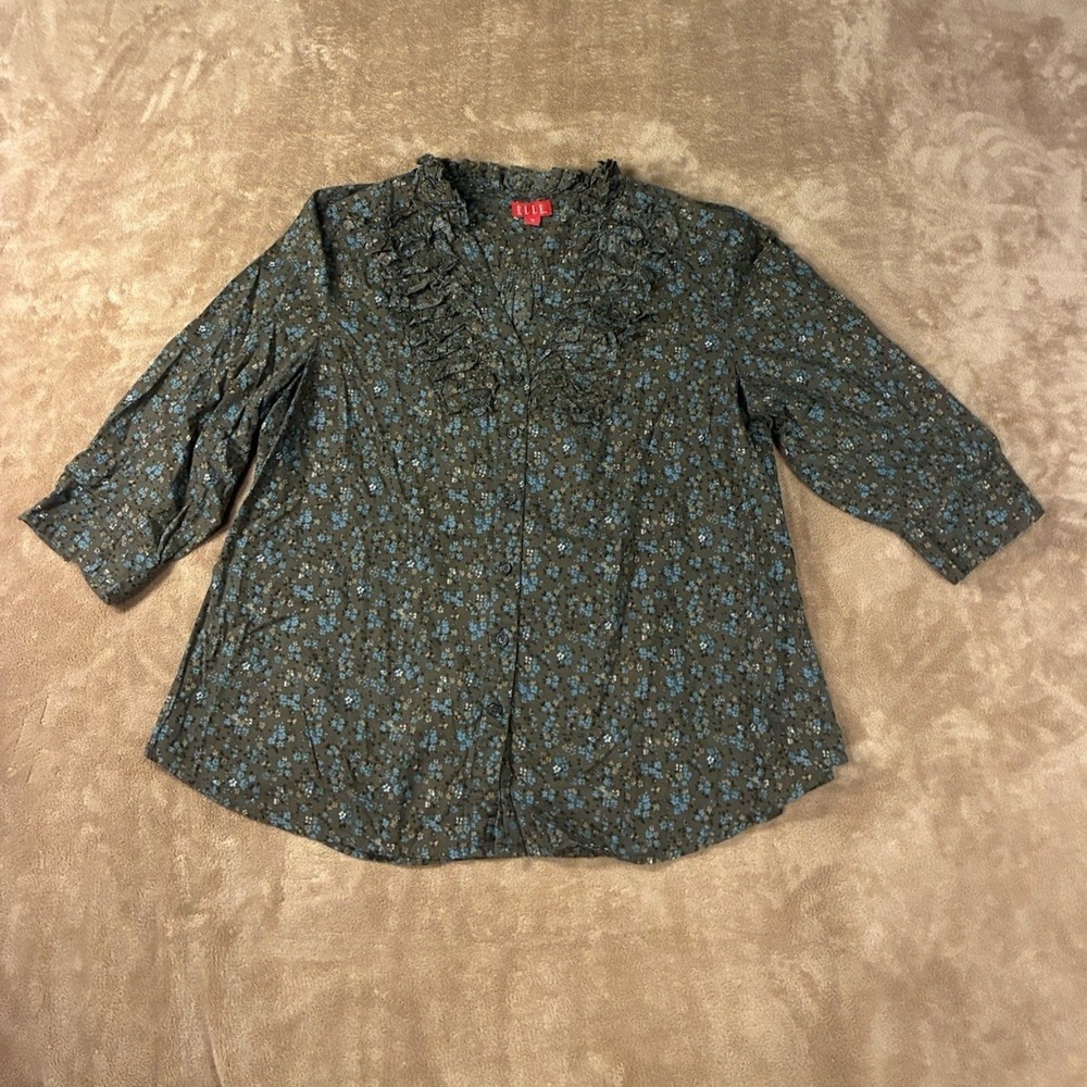 Womens Top XL Olive Green Blue Floral Ruffle Grandmacore, Cottagecore Fairycore